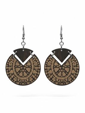 Wooden Laser-Cut Mandala Drop Earrings - Brown & Dark Wood